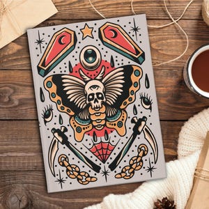 Aesthetic Journal Hardcover Personalized Notebook American Traditional Tattoo Design, Fun  Death Head Moth Gift, Goth Punk Custom Stationary