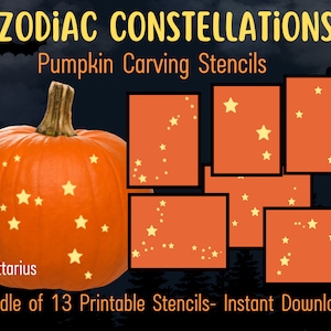13 sterrenbeelden pompoen snijwerk stencil, Halloween pompoen snijwerk sjabloon patroon pompoen snijwerk sterren astrologie borden ontwerp