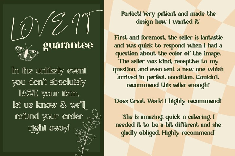 K&ouml;nnte beinhalten: Eine gr&uuml;ne und wei&szlig;e Grafik mit dem Text "LOVE IT guarantee" und einer Schmetterlings-Illustration. Der Text darunter lautet "Im unwahrscheinlichen Fall, dass Sie Ihren Artikel nicht absolut LIEBEN, lassen Sie es uns wissen und wir erstatten Ihnen Ihre Bestellung sofort!"