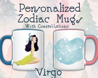 Maagd cadeau gepersonaliseerde mok, sterrenbeeld aanwezig, aangepaste mok, gepersonaliseerde koffiekop, maagd verjaardag, aangepaste kunst astrologie sterrenbeeld