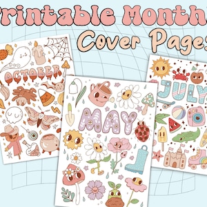 K&ouml;nnte beinhalten: Drei druckbare Monatstitelseiten mit niedlichen Illustrationen. Die erste Seite zeigt ein Halloween-Thema mit einem Geist, einer Spinne und einem Mais. Die zweite Seite zeigt ein Fr&uuml;hlings-Thema mit Blumen, einer Gie&szlig;kanne und einem Marienk&auml;fer. Die dritte Seite zeigt ein Sommer-Thema mit einer Sonne, einer Wassermelone und einem Krebs.