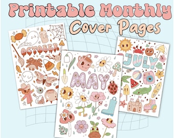 Retro cartoon afdrukbare plannerpagina's, leuke maandelijkse voorbladen, A5 A6 titelpaginasjabloon tijdschrift, Bullet Journal Bujo AFDRUKBAAR voorblad