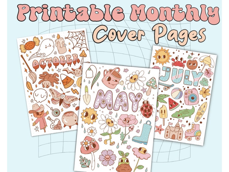K&ouml;nnte beinhalten: Drei druckbare Monatstitelseiten mit niedlichen Illustrationen. Die erste Seite zeigt ein Halloween-Thema mit einem Geist, einer Spinne und einem Mais. Die zweite Seite zeigt ein Fr&uuml;hlings-Thema mit Blumen, einer Gie&szlig;kanne und einem Marienk&auml;fer. Die dritte Seite zeigt ein Sommer-Thema mit einer Sonne, einer Wassermelone und einem Krebs.
