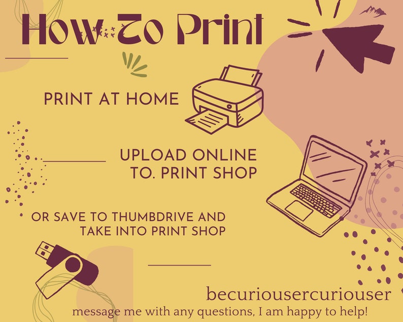 K&ouml;nnte beinhalten: Eine gelbe und rosafarbene Grafik mit dem Text "How To Print" und Anweisungen, wie man zu Hause druckt, online in einen Druckladen hochl&auml;dt oder auf einen USB-Stick speichert und in einen Druckladen bringt. Der Text "becuriousercuriouser" und "message me with any questions, I am happy to help!" ist ebenfalls enthalten.