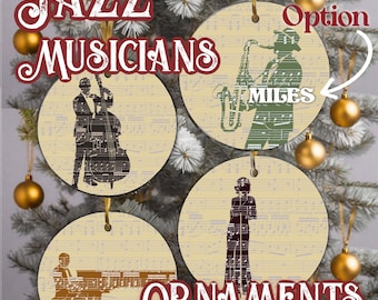 May include: Four round Christmas ornaments with a jazz music theme. Each ornament features a different musician silhouette on a background of musical notes. The ornaments are cream colored with brown and black silhouettes. The text "Jazz Musicians" is in red and white letters at the top of the image. The text "Ornaments" is in red and white letters at the bottom of the image. The text "Personalize Option" is in red and white letters at the top right of the image.