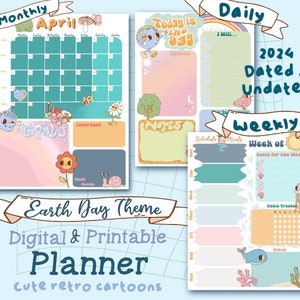 Op de afbeelding: Een digitale en printbare planner met een Earth Day-thema. De planner bevat maandelijkse, wekelijkse en dagelijkse pagina's met schattige retro-cartoonillustraties. De pagina's zijn versierd met verschillende natuurthema-elementen, zoals bloemen, vlinders en slakken.