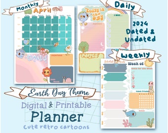 Dagelijkse wekelijkse maandelijkse afdrukbare planner, Earth Day-thema, A5-dagboekpaginasjabloon, Bujo Digital Goodnotes schattige retrostijl, gedateerd en ongedateerd