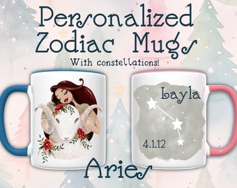 Widder Geschenk personalisierte Tasse, Sternzeichen Geschenk, kundenspezifische Becher, personalisierte Kaffeetasse, Widder Geburtstag, kundenspezifische Kunst-Astrologie-Konstellation