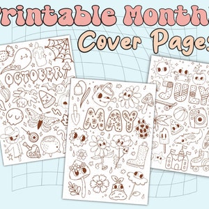 Op de afbeelding: Drie afdrukbare maandelijkse omslagpagina's met gekrabbelde illustraties. De eerste pagina toont oktober met een spook, een spin en een heksenketel. De tweede pagina toont mei met bloemen en een lieveheersbeestje. De derde pagina toont juli met een parasol, ijs en een skateboard.