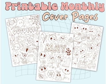 Retro Cartoon Planner Pagina's Maandelijkse Omslag Kleurplaten A5 A6 Tijdschrift Titelpagina Sjabloon Bullet Journal Bujo AFDRUKBARE Voorblad