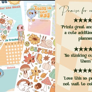 Op de afbeelding: Een set met printbare planner stickers met schattige illustraties met zomer- en herfstthema's. De stickers bevatten een juli-kalender, een september-kalender, een "Vandaag is de dag" titelkaart en een verscheidenheid aan andere schattige illustraties.