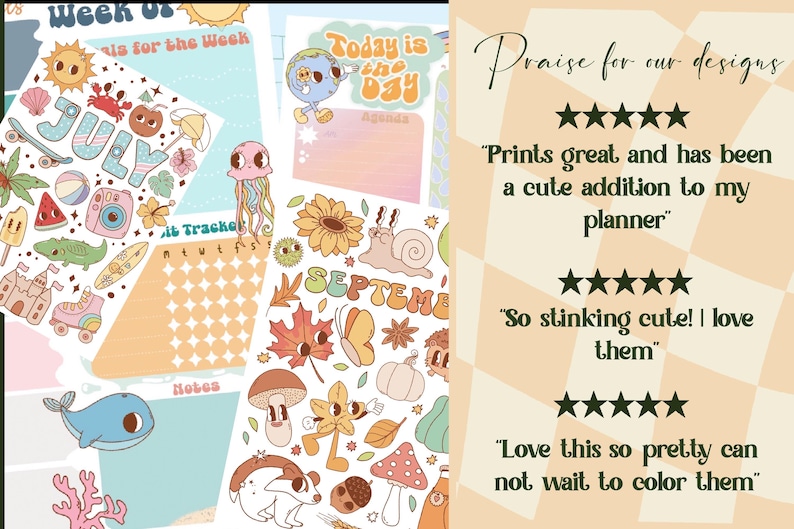 Op de afbeelding: Een set met printbare planner stickers met schattige illustraties met zomer- en herfstthema's. De stickers bevatten een juli-kalender, een september-kalender, een "Vandaag is de dag" titelkaart en een verscheidenheid aan andere schattige illustraties.