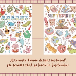 K&ouml;nnte beinhalten: Zwei Illustrationen, eine f&uuml;r August und eine f&uuml;r September. Die August-Illustration zeigt ein blaues, gr&uuml;nes und gelbes Farbschema mit sommerlichen Symbolen wie einer Ananas, einem Strandstuhl, einer Schildkr&ouml;te und einem Delfin. Die September-Illustration zeigt ein rosa, blaues und gr&uuml;nes Farbschema mit schulischen Symbolen wie einem Bleistift, einem Buch, einem Apfel und einem Globus.