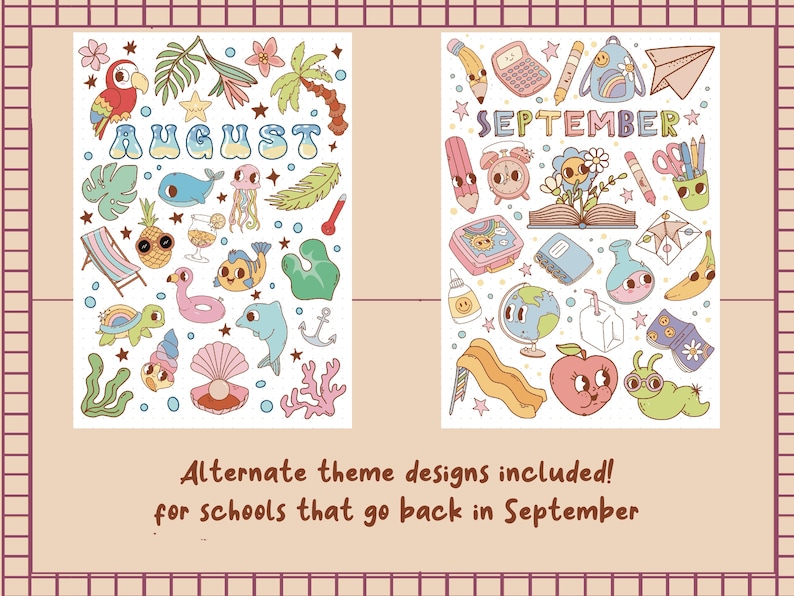 K&ouml;nnte beinhalten: Zwei Illustrationen, eine f&uuml;r August und eine f&uuml;r September. Die August-Illustration zeigt ein blaues, gr&uuml;nes und gelbes Farbschema mit sommerlichen Symbolen wie einer Ananas, einem Strandstuhl, einer Schildkr&ouml;te und einem Delfin. Die September-Illustration zeigt ein rosa, blaues und gr&uuml;nes Farbschema mit schulischen Symbolen wie einem Bleistift, einem Buch, einem Apfel und einem Globus.