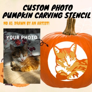 May include: A custom pumpkin carving stencil featuring a cat sleeping on a pillow. The stencil is drawn by an artist and is not created using AI. The text "YOUR PHOTO" is displayed above the cat image.