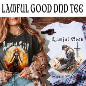 Peut inclure: Deux t-shirts sur le thème de Donjons et Dragons. Un t-shirt est gris avec une guerrière dans un cercle doré et le texte "Lawful Good". L'autre t-shirt est blanc avec un chevalier agenouillé et le texte "Lawful Good Honor & Right".