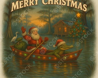 Op de afbeelding: Een grillige kerstillustratie toont de kerstman en een alligator in een boot op een moeras. De kerstman zwaait, terwijl de alligator een kerstmuts draagt. De boot is versierd met lichtjes en de tekst "MERRY CHRISTMAS" staat er boven.