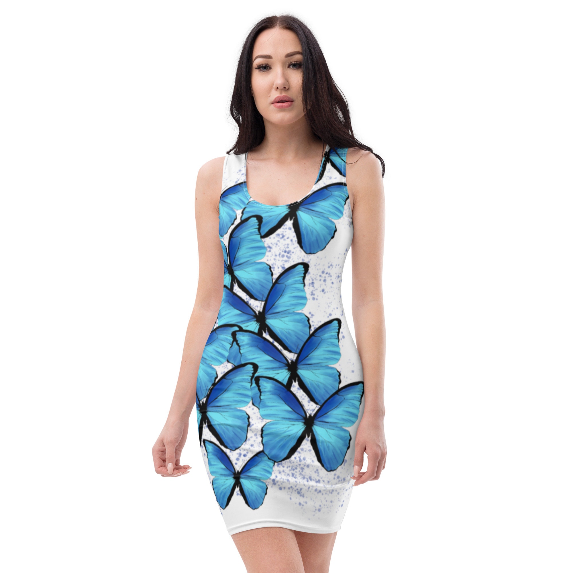 blue butterfly print dress Blue Butterfly Print 1950S Vintage Dress With Belt