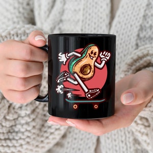 Skater Avocado 11oz Black Mug, Trippy Skater Mug, Funny Skateboarding Gifts, Gifts for Skateboarders, Gift for Him, Gifts for Her, Sk8 Life