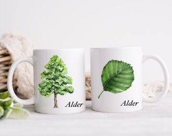 Alder Tree Ceramic Mug, Tree Lover Gift, Tree Hugger, Nature, Watercolor Art, Leaves, Tree Identification, Leaf identification, Forest Gift