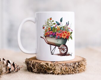 Wheelbarrow with Flowers Ceramic Mug, Cute plant mug, Gardening mug, Gift for gardener, Crazy plant lady, Green thumb, Botanical mug, Coffee