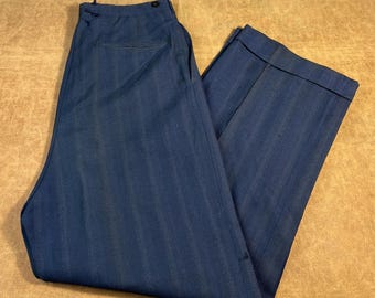 Vintage 40’s Slacks Pants Striped Pattern Regular Fit Pleated Style Button Fly Work Uniform Military Navy Trouser Pants 32 x 30 Mens