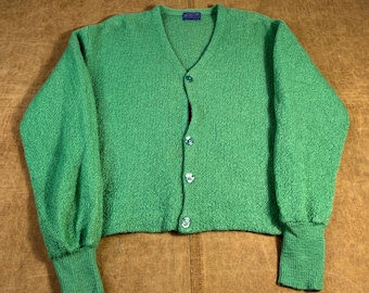 Suéter cárdigan de punto verde básico esencial de lana virgen Pendleton vintage de los años 60 con botones, fabricado en EE. UU., extra grande para hombre