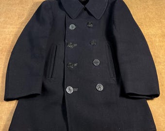Vintage 40's WWII USN Navy Double Breasted Two Pocket Peacoat Style Wool Material Navy Button Up Jacket Medium 10 Button 1940’s