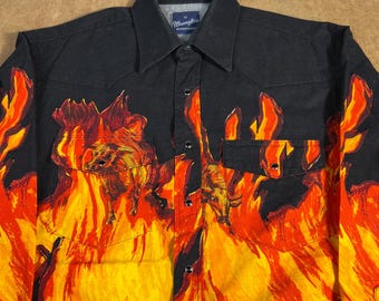 Vintage 90's Wrangler Two Pocket Pearl Snap Flames Buffalo Western