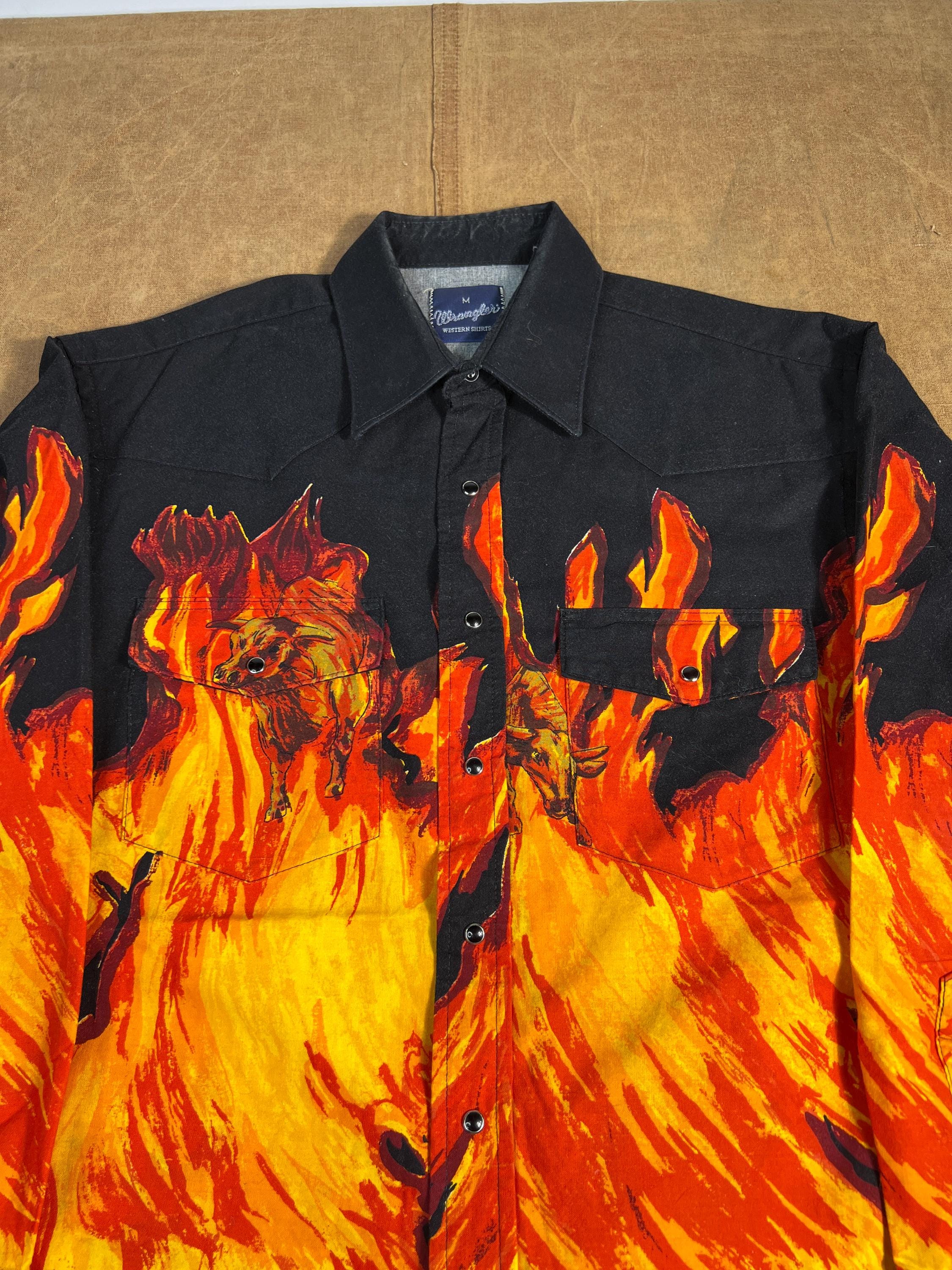 Vintage 90's Wrangler Two Pocket Pearl Snap Flames Buffalo Western