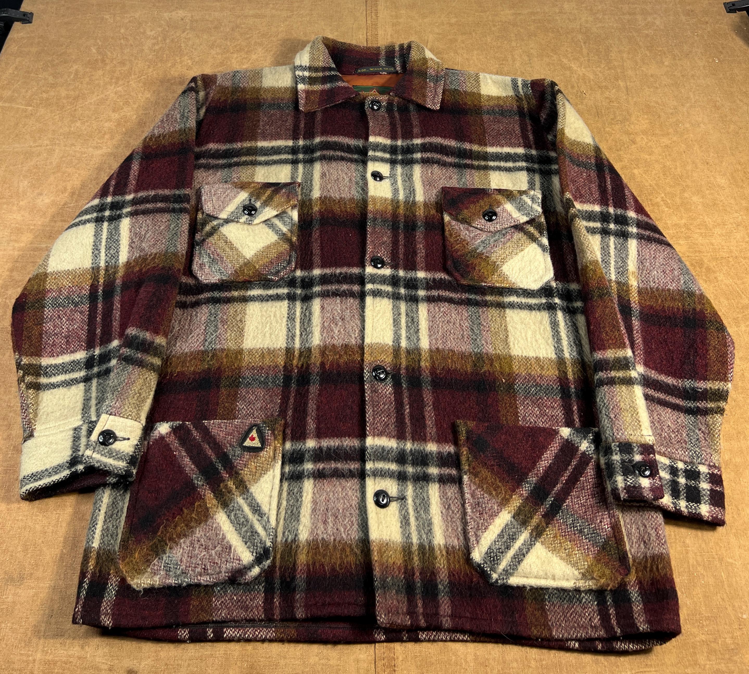 Vintage 60's Mohair Camper Coat Four Pocket Plaid Pattern Wool