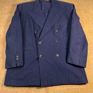 Vintage 40er 50er Jahre Spencer Chicago Zweireiher Blazer Mantel Jacke Nadelstreifen Drei Taschen Navy Button Up Jacket Large