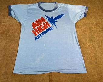 Vintage 70’s Aim High Air Force Paper Thin Ringer Army Military Made in USA Blue Graphic T Shirt Medium