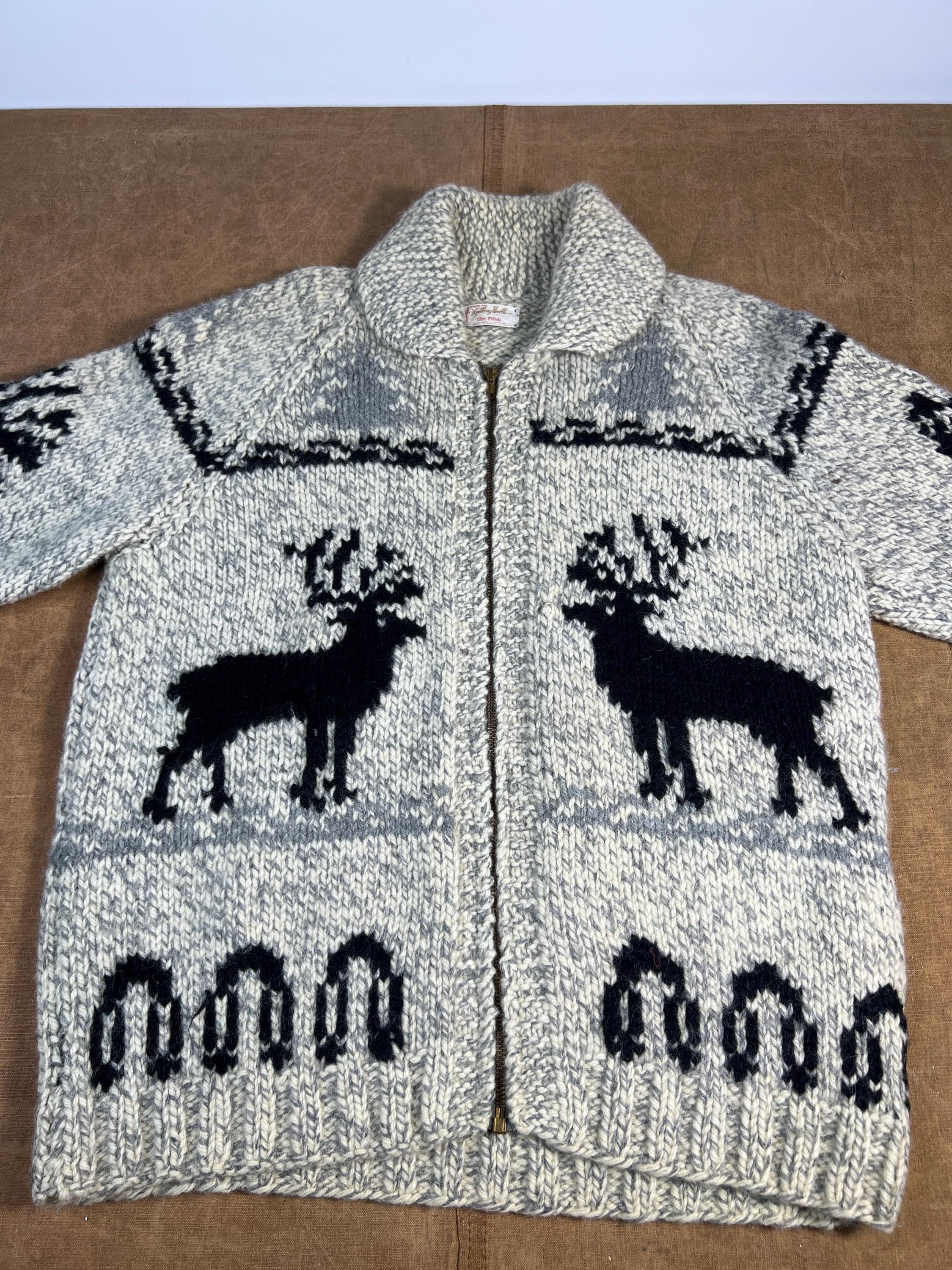Vintage 60's 70's Deer Moose Cowichan Wool Material Hand Knit
