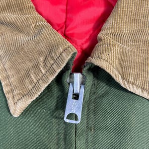 May include: Close-up of a green jacket with a brown corduroy collar and a red quilted lining. The jacket has a silver zipper. The label inside the collar reads "MACHINE WASH".