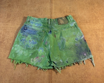 Vintage 90's Levi's Cut Off Tie Dye Red Tab Green Shorts Waist 30