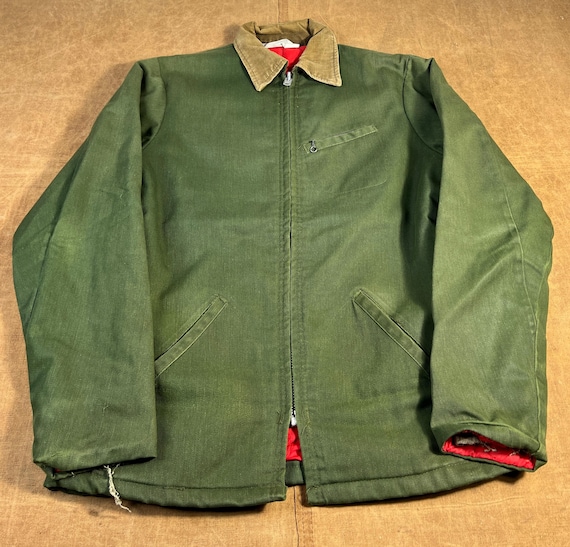 Vintage 60’s Key Imperial Three Pocket Slat Style Workwear Insulated Lining Green Talon Zipper Zip Up Jacket Large