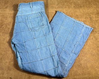 Vintage 70’s Patchwork Regular Fit Flare Bell Bottom Two Pocket Square Pattern Psychedelic Style Blue Denim Jeans 32 Waist