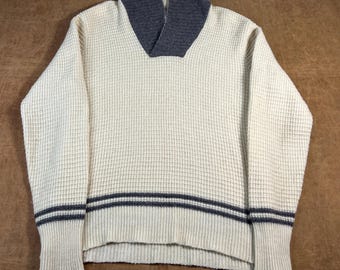 Vintage 60er Jahre Schal Kragen Gestreift Beige Basic Strickpullover Große Waffelstrick