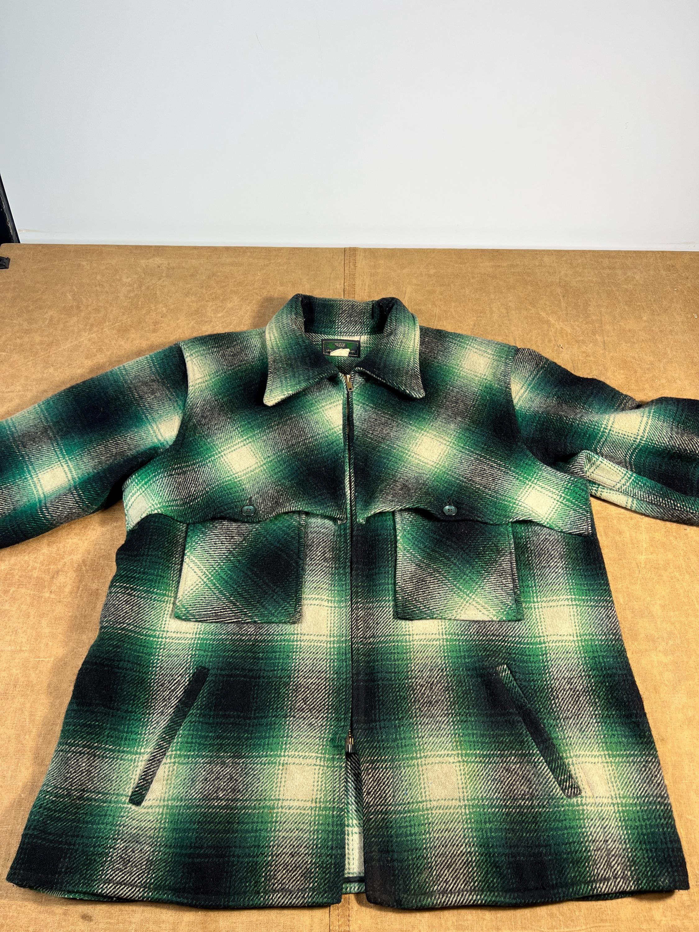 Vintage 50's 60's Black Bear Green Shadowplaid Wool Crusier Coat