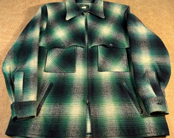 Vintage 50’s 60’s Black Bear Green ShadowPlaid Wool Crusier Coat Four Pocket Plaid Pattern Union Made Jacket Extra Large