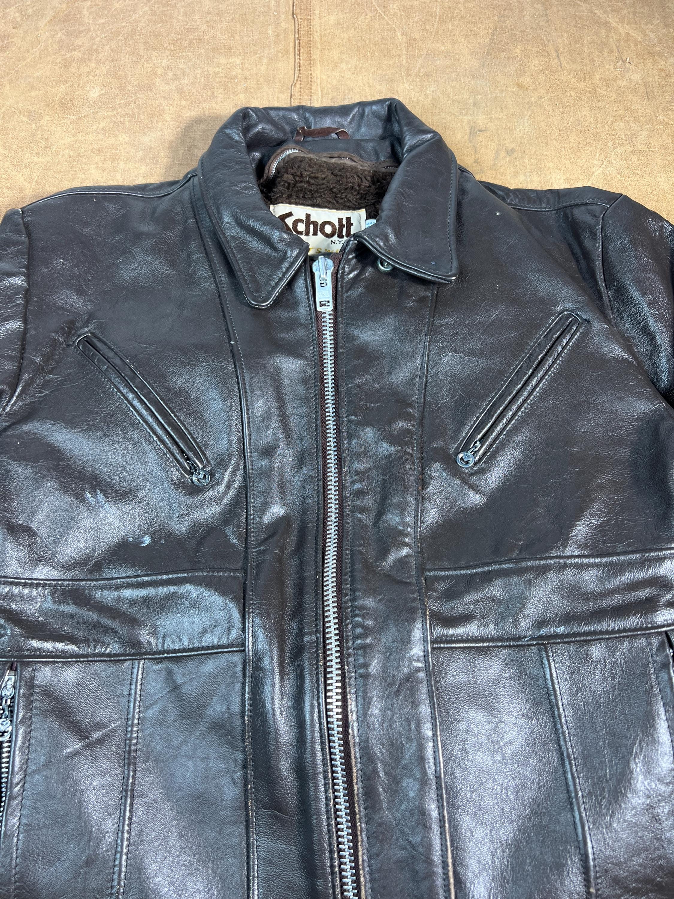 Vintage 70s Schott NYC Sportswear Four Pocket Leather Sherpa