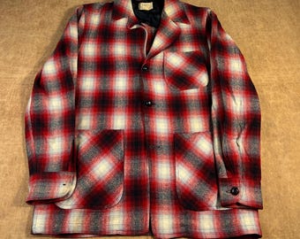 Vintage 50's Chippewa Woolen Shadow Plaid Mills Three Pocket Plaid Pattern Wool Blazer Material Red Button Up Shirt Size 38