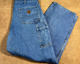 Vintage 90's Repaird Cut and Sew Carhartt Double Knee Workwear Carpenter Distressed Y2K Aesthetic Blue Denim Jeans 36 x 29 Mens