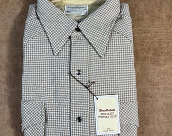 Vintage 70’s 80's Pendleton Western Houndstooth Two Pocket Pearl Snap Plaid Pattern Wool Brown Button Up Shirt Extra Large