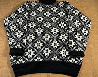 Vintage 90er Jahre Gap Geometrisches Muster Alles Aus Schurwolle Schwarz Strick Pullover Groß