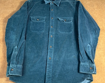 Vintage 80's LL Bean Two Pocket Corduroy Cotton Material Made in USA Basic Essential Blue Button Up Shirt Medium Mens
