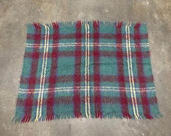 Vintage 70er Highland Home Industries Mohair Wolle Made in Scotland Karo Zottel Blau Fleecedecke OSFA