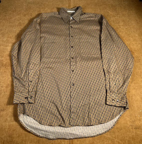 Perry Ellis, Vintage 80’s 90’s Perry Ellis Two Pocket Geometric Abstract Pattern Cotton Material Causal Brown Button Up Shirt Large Mens