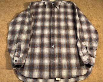 Vintage 80s Pendleton One Pocket Plaid Pattern Made in USA Wool Material Multi Color Button Up Shirt Extra Large Shadow Plaid Ombre